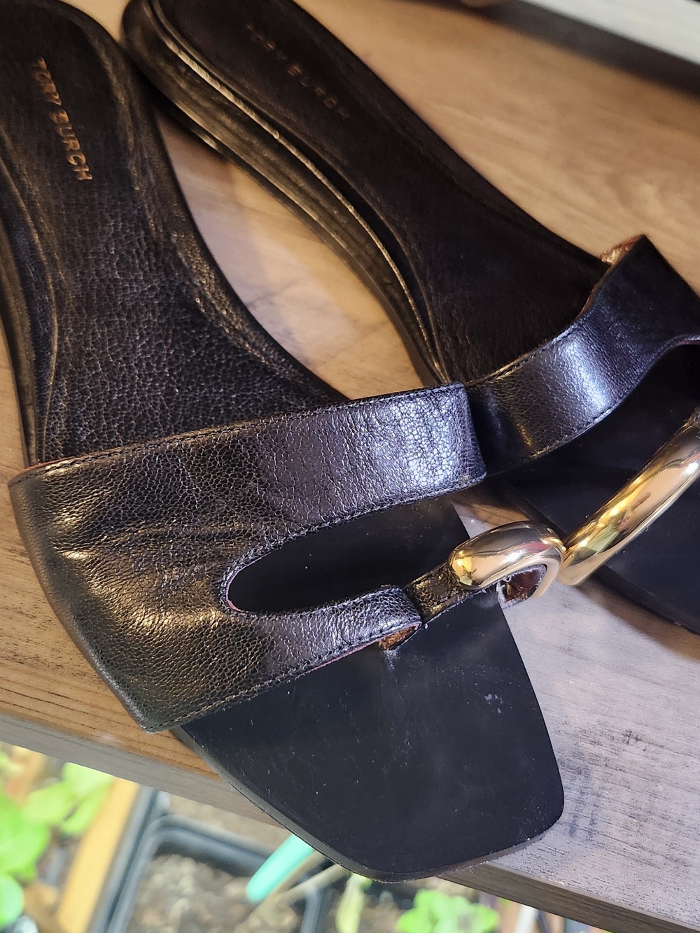 Tory Burch Black Leather Gold Ring Slide Sandals Size 7.5M